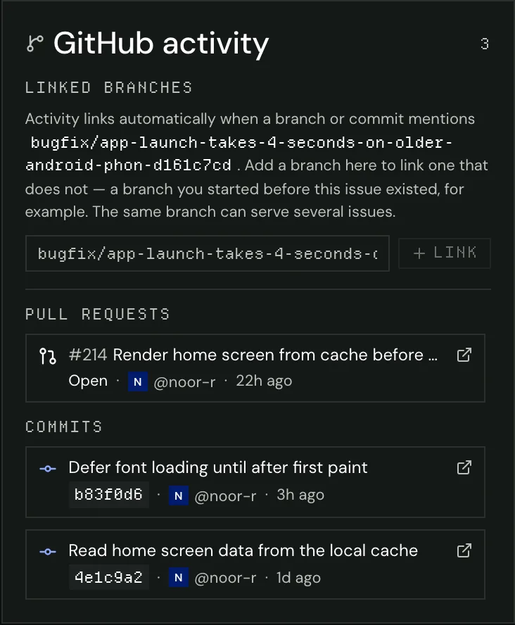 The GitHub panel of an issue: the linked branch, one open pull request and two commits.