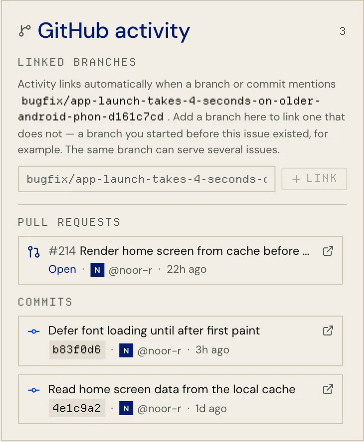 The GitHub panel of an issue: the linked branch, one open pull request and two commits.