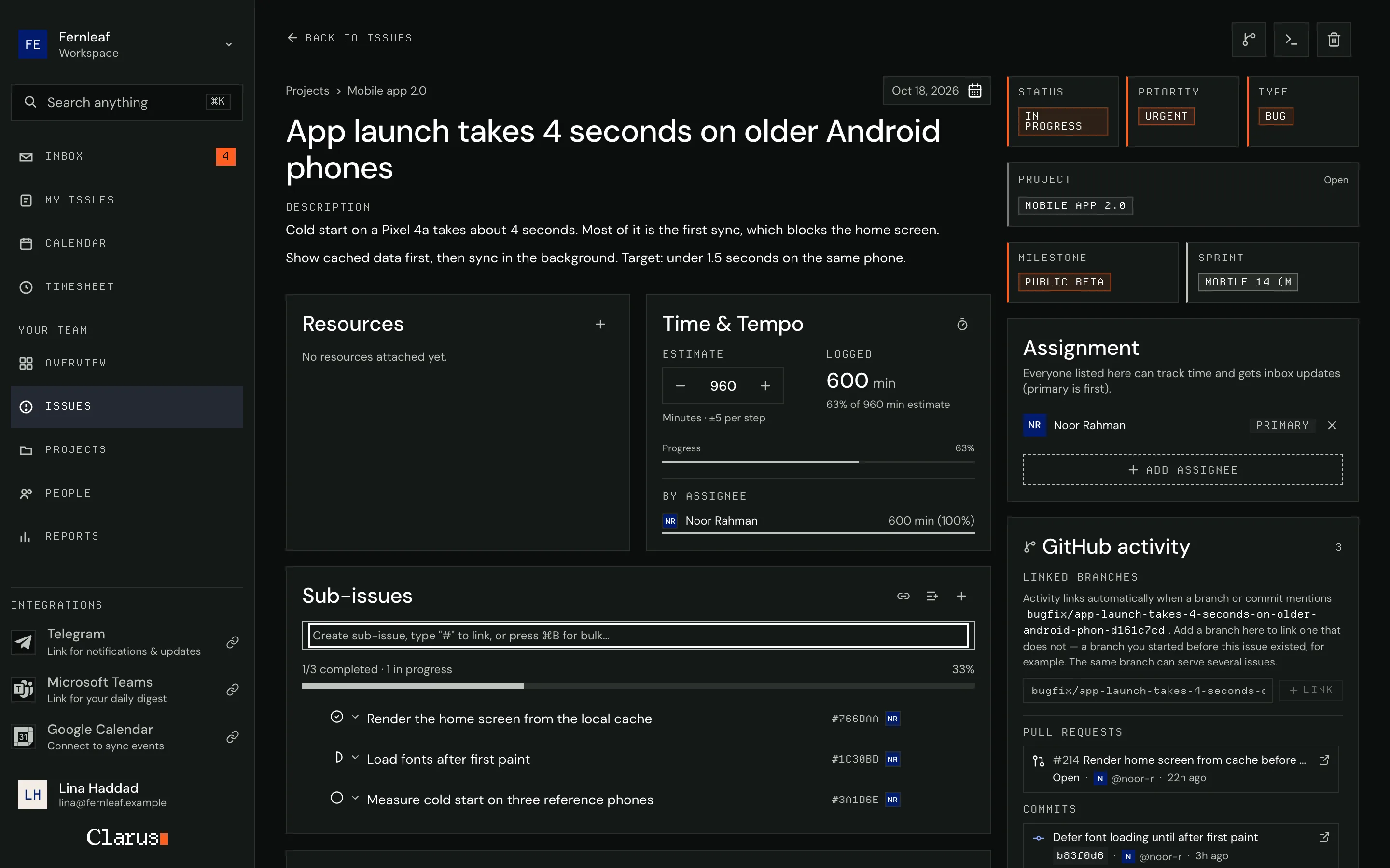 An issue in Clarus: description, sub-issues, time logged against the estimate, the assignee and the pull request and commits linked from GitHub.