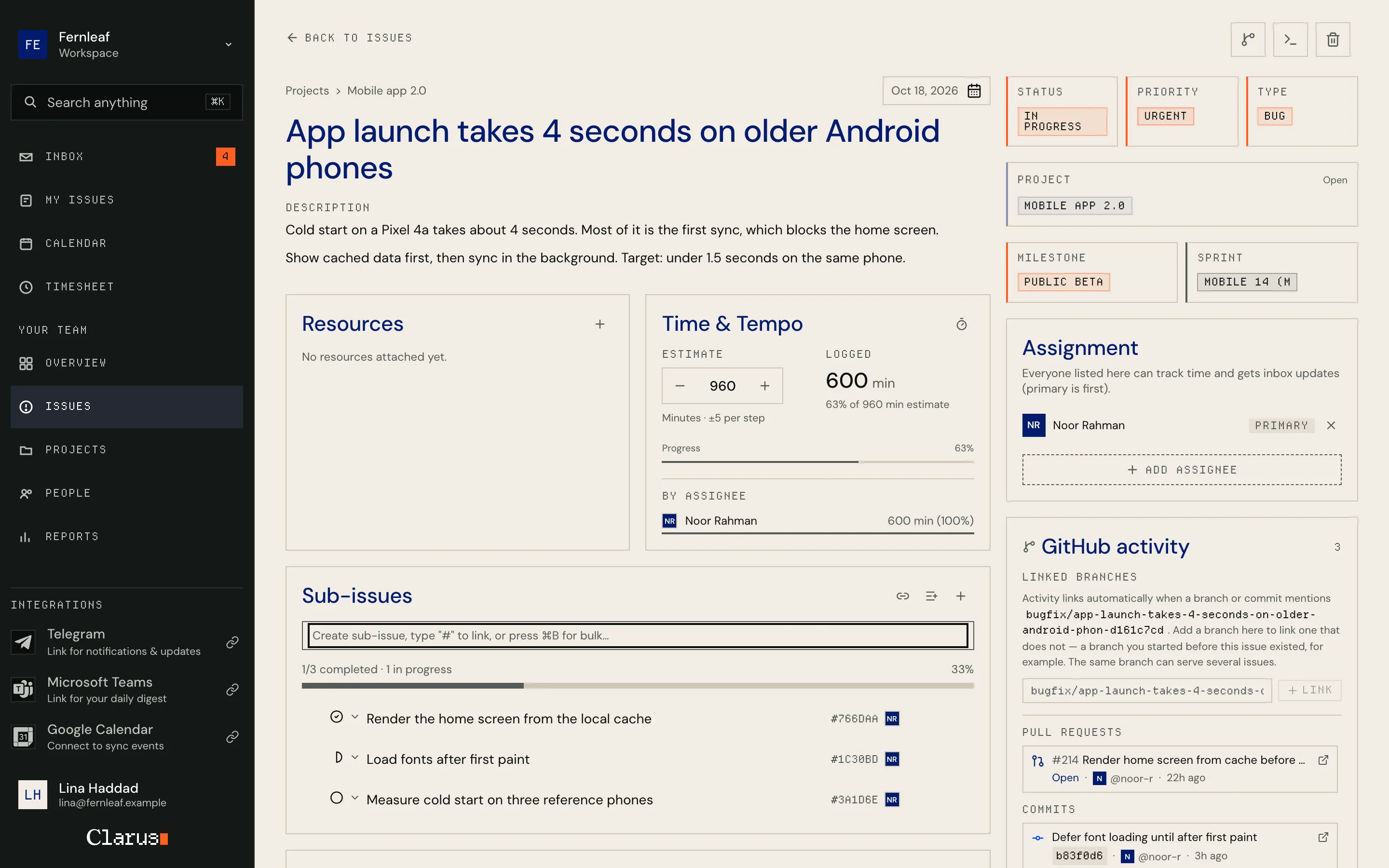 An issue in Clarus: description, sub-issues, time logged against the estimate, the assignee and the pull request and commits linked from GitHub.