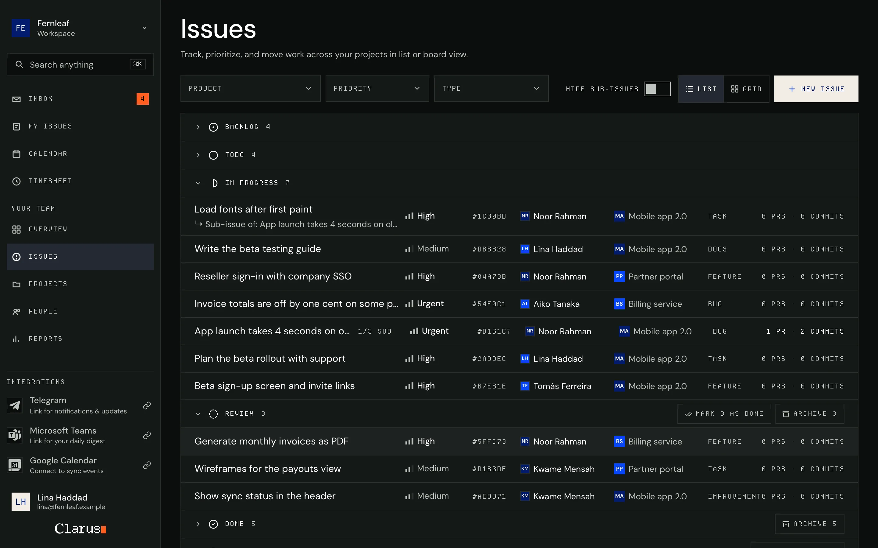 The issue list grouped by status, with priority, assignee, project and linked pull requests on each row.