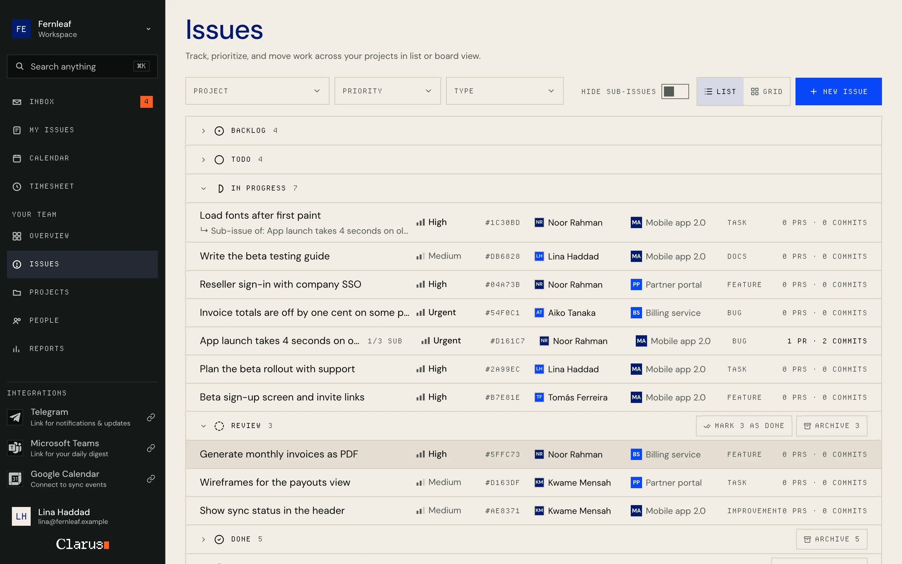 The issue list grouped by status, with priority, assignee, project and linked pull requests on each row.