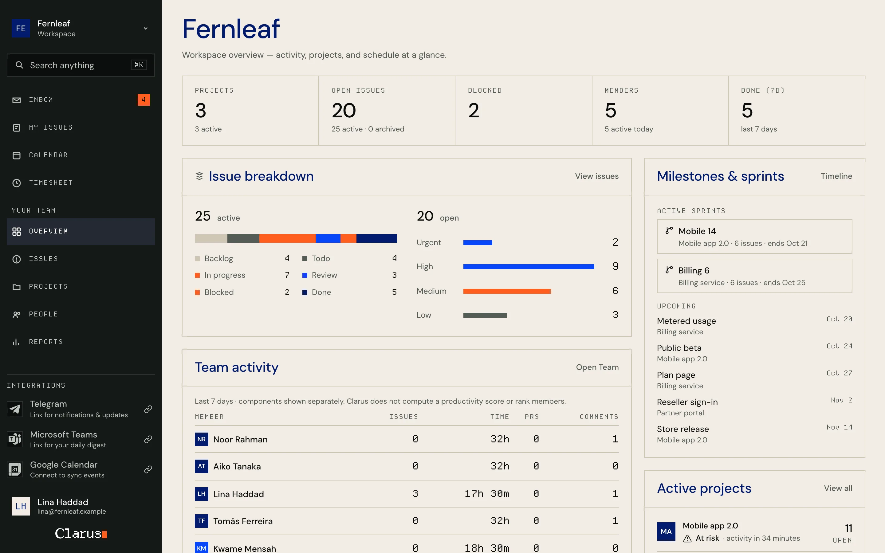 The workspace overview: open, blocked and finished issues, team activity for the week, and active sprints and milestones.